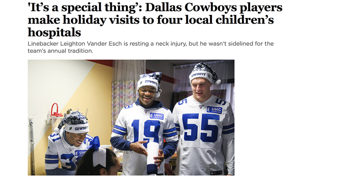 Dallas Morning News: ‘It’s a special thing’ – Dallas Cowboys players make holiday visits to four local children’s hospitals